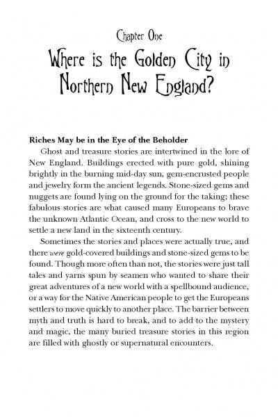 Lost Loot by Schiffer Publishing, Ltd. opens with Chapter One on a book page titled "Where is the Golden City in Northern New England?" The section explores the enduring myths of New England treasure, hidden riches, and pirate lore through generations.