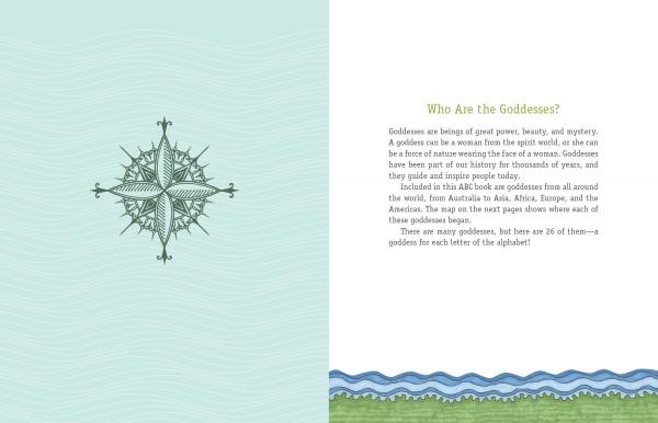 A two-page spread from Goddesses from A to Z by Schiffer Publishing, Ltd.: left page shows a greenish compass rose on light blue waves; right page features "Who Are the Goddesses?" above a river with green hills—ideal for a multicultural ABC kids’ book.