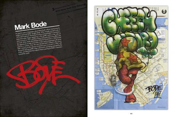 A highlight from "Uptown & Downtown" by Schiffer Publishing, Ltd.: one page features Mark Bode’s bio with his bold red signature; opposite is a graffiti-style “CHEECH WIZARD” over a subway map—a true street art showcase.
