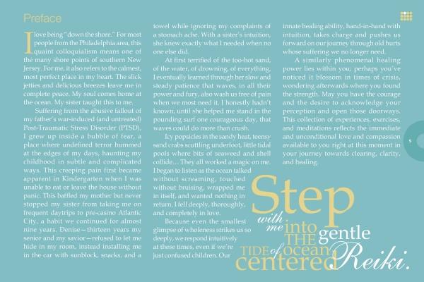 A light blue page with white text: on the left, a preface on healing and personal challenges; on the right, “Step with me into the gentle tide of ocean centered Reiki”—inviting you to ocean meditation with Watercharms by Schiffer Publishing, Ltd.