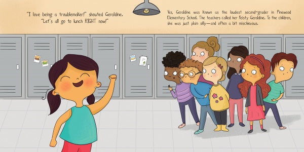An excited young inventor from "Geraldine and the Most Spectacular Science Project" by Schiffer Publishing, Ltd. stands by school lockers, fist raised, announcing the science contest to amazed kids under a glowing light with notes on the lockers.