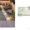 A landscaped backyard with wooden paths, seating, greenery, and a fence reflects design from "Regional Landscape Architecture: Northern California" by Schiffer Publishing, Ltd., shown alongside the matching yard architectural plan.