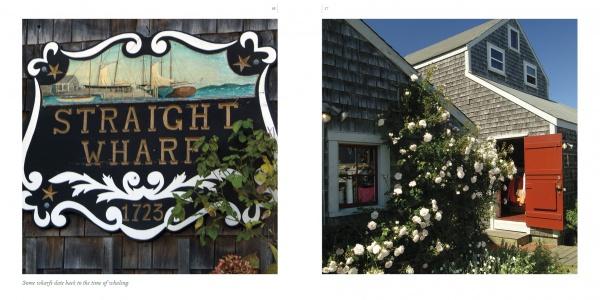 Capture Nantucket charm with Schiffer Publishing, Ltd.'s "Nantucket": a painted sign reading "Straight Wharf 1723" with a ship, wood siding, and blooming roses by a red door—perfect for photography or as a unique souvenir.