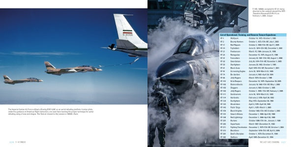 Two US Navy F-14 Tomcats refuel midair from a tanker. At right, a cockpit view shows steam or smoke. Below is a Schiffer Publishing Legends of Warfare table listing aircraft names, locations, and exhibition details.