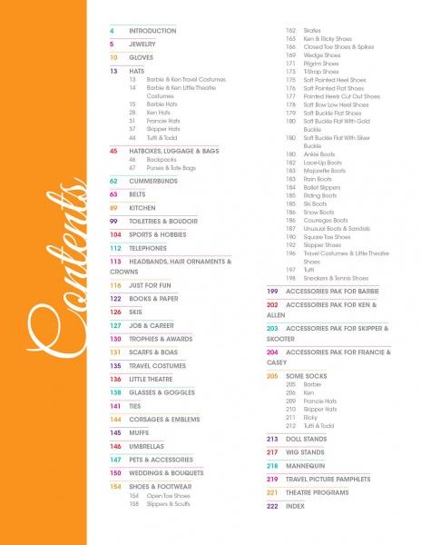 A table of contents page in orange and white from "It's All About the Accessories for the World's Most Fashionable Dolls, 1959-1972" by Schiffer Publishing, Ltd. lists Jewelry, Barbie accessories, Gloves, Hats, Shoes & more with page numbers.