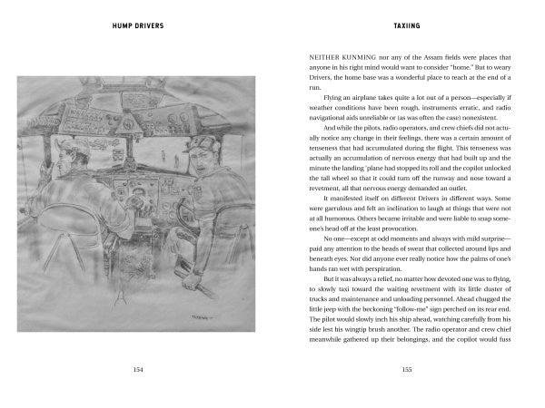 A pencil sketch from "Hump Drivers" by Schiffer Publishing, Ltd. shows two WWII pilots in a cockpit checking controls, with surrounding aviation stories and the heading "Hump Drivers" visible at the top of the page.