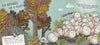 Illustration from "The Hungry Wolf" by Schiffer Publishing, Ltd.: A wolf howls near trees as frightened sheep huddle on the right—one with binoculars—beneath a whimsically patterned blue sky.