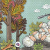 Illustration from "The Hungry Wolf" by Schiffer Publishing, Ltd.: A wolf howls near trees as frightened sheep huddle on the right—one with binoculars—beneath a whimsically patterned blue sky.