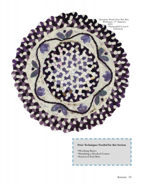 The “Combining Rug Hooking & Braiding” by Schiffer Publishing, Ltd. features a round braided chair pad in purple, cream, and black with a floral leaf border, shown on white with a list of required hooking techniques.