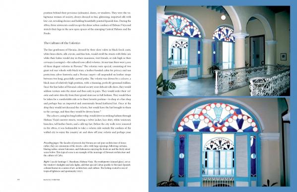A two-page spread from "Havana Forever" by Schiffer Publishing, Ltd. showcases text on interior design and architecture alongside three photos of an ornate building with arched stained glass windows and blue walls inspired by Havana.