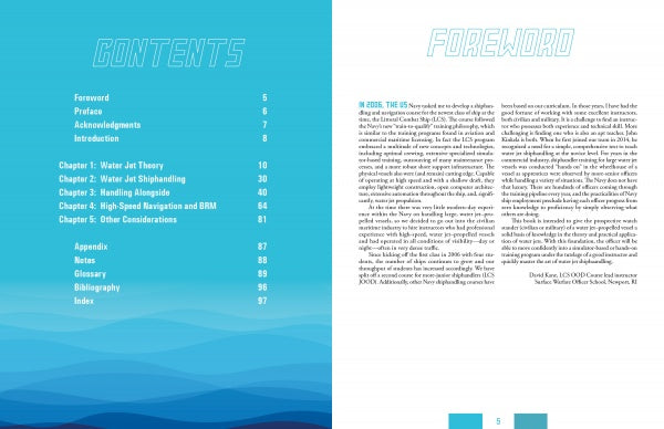 The open book, Water Jet Shiphandler's Guide by Schiffer Publishing, Ltd., displays a blue wave-themed background; its left page lists contents and chapters, while the right shows the foreword in bold white, modern text.