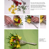 Step-by-step collage of arranging Bridal Flowers by Schiffer Publishing, Ltd. in a silver tussy-mussy holder, featuring close-ups of hand placement and the finished bouquet on a green surface with visible instructional text.