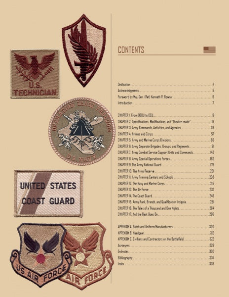 The cover of "Desert Uniforms, Patches, and Insignia of the US Armed Forces" by Schiffer Publishing, Ltd. features six US military patches—including Air Force and Coast Guard—and lists chapters on uniforms, insignia, and awards.