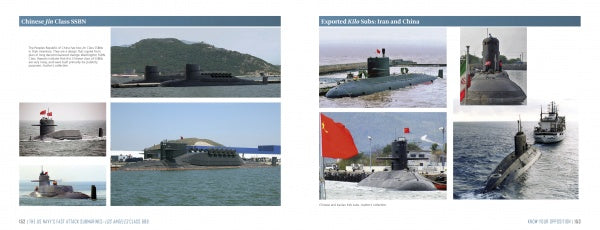 Two pages from "The US Navy's Fast Attack Submarines, Vol. 1" by Schiffer Publishing, Ltd. feature multiple photos and brief descriptions of submarines in harbors and at sea, including exports to Pakistan and China with some visible flags.