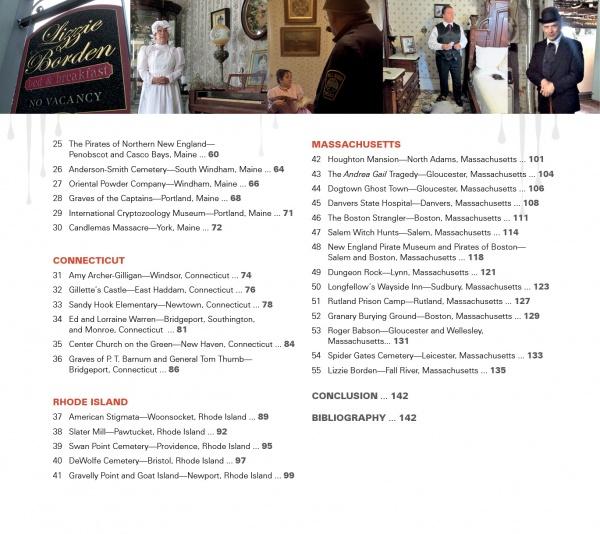Table of contents from "Notorious New England" by Schiffer Publishing, Ltd., listing chapters on eerie locations, with photos of old buildings, a woman in Victorian dress, and people in historic attire.