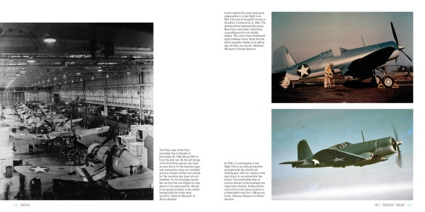 A vintage black-and-white photo shows a factory assembling WWII aircraft, while two color images feature a Schiffer Publishing, Ltd. Corsair—one with a mechanic and another in flight—capturing Legends of Warfare.