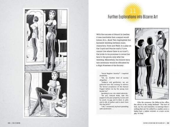 A black-and-white comic panel from "Eric Stanton & the History of the Bizarre Underground" (Schiffer Publishing, Ltd.) features two women in fetish attire with corsets and heels, posing in a mirrored room; text and a circular title appear opposite.
