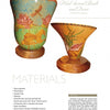 Creative Rims for Gourd Art by Schiffer Publishing, Ltd. showcases two wooden vases with lotus and dragonfly designs, plus a materials list, project details, and rim finishing tips displayed beside and below the vases.