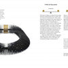 A two-page spread from "Mastering Contemporary Jewelry Design" by Schiffer Publishing, Ltd. shows a black and gold sculptural necklace beside a pendant with a gold map-like design, alongside text on balance in jewelry design.