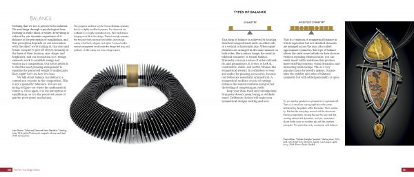 A two-page spread from "Mastering Contemporary Jewelry Design" by Schiffer Publishing, Ltd. shows a black and gold sculptural necklace beside a pendant with a gold map-like design, alongside text on balance in jewelry design.