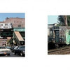 Two rare 1970s photos from "Born to Run" by Schiffer Publishing, Ltd. capture NYC subway graffiti—one with a bustling station scene, the other showing a train on outdoor tracks under clear skies, both iconic moments in graffiti history.