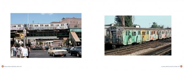 Two rare 1970s photos from "Born to Run" by Schiffer Publishing, Ltd. capture NYC subway graffiti—one with a bustling station scene, the other showing a train on outdoor tracks under clear skies, both iconic moments in graffiti history.