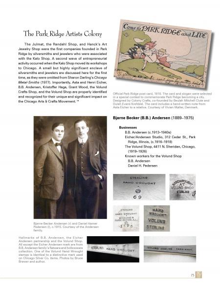 A collage featuring vintage photos, text, and a postcard about the Park Ridge Artists Colony includes images of Bjarne Becker Andersen and Daniel Hammer, with close-ups of signatures from Hand Wrought Arts & Crafts Metalwork and Jewelry by Schiffer Publishing, Ltd.