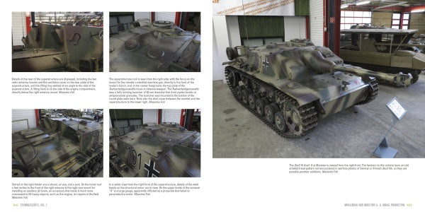 Two pages from Schiffer Publishing, Ltd.’s Sturmgeschütz show WWII German tanks in a museum, including close-ups of the Sturmgeschütz and a wide shot of another tank on display with informational signs.