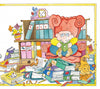 A child with glasses sits in a large red armchair, reading Double-Talk: Word Sense and Nonsense by Schiffer Publishing, Ltd. Books are stacked everywhere, alongside a stuffed dog, a clock, and a potted plant in the colorful scene.