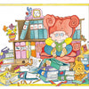 A child with glasses sits in a large red armchair, reading Double-Talk: Word Sense and Nonsense by Schiffer Publishing, Ltd. Books are stacked everywhere, alongside a stuffed dog, a clock, and a potted plant in the colorful scene.