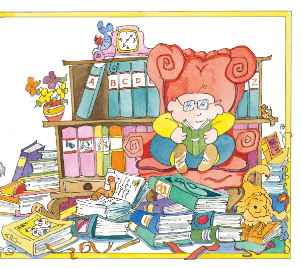 A child with glasses sits in a large red armchair, reading Double-Talk: Word Sense and Nonsense by Schiffer Publishing, Ltd. Books are stacked everywhere, alongside a stuffed dog, a clock, and a potted plant in the colorful scene.