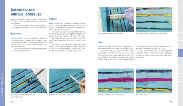 In "How to Create Encaustic Art" by Schiffer Publishing, Ltd., a two-page spread explains subtractive and additive art techniques with step-by-step photos showing engraving, intaglio, and encaustic methods using paint or hot wax on blue textured surfaces.