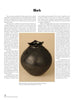 Showcased on a white surface, "Mata Ortiz Pottery Today" by Schiffer Publishing, Ltd. is placed next to a striking black polished pot with thick engravings and a squared rim by artist Sigred Juárez Quezada (9 ⅜" h x 9" d).