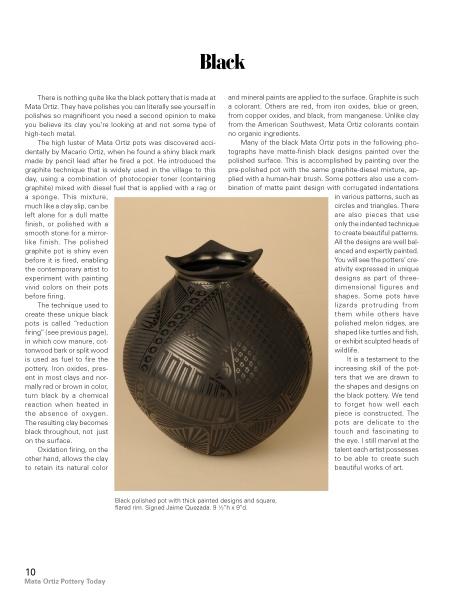 Showcased on a white surface, "Mata Ortiz Pottery Today" by Schiffer Publishing, Ltd. is placed next to a striking black polished pot with thick engravings and a squared rim by artist Sigred Juárez Quezada (9 ⅜" h x 9" d).