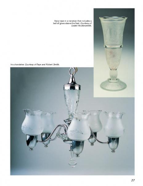 Mauzy's Rare, Unusual, & Unique Depression Glass by Schiffer Publishing features collectible glass vases with intricate etched patterns displayed above elegant silver chandeliers with six flower-shaped frosted lampshades.