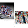 Two images from "Art Glass Today" by Schiffer Publishing, Ltd. display a geometric glass sculpture with intricate colorful lines and circular cutouts—left: the whole piece; right: a close-up of its detailed surface.