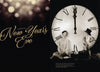 Left: Blurred lights with gold script reading “Chapter One: New Year’s Eve.” Right: A woman and child in a top hat pose by a midnight clock, evoking classic holiday glamour in "Hollywood Celebrates the Holidays" by Schiffer Publishing, Ltd.