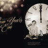 Left: Blurred lights with gold script reading “Chapter One: New Year’s Eve.” Right: A woman and child in a top hat pose by a midnight clock, evoking classic holiday glamour in "Hollywood Celebrates the Holidays" by Schiffer Publishing, Ltd.
