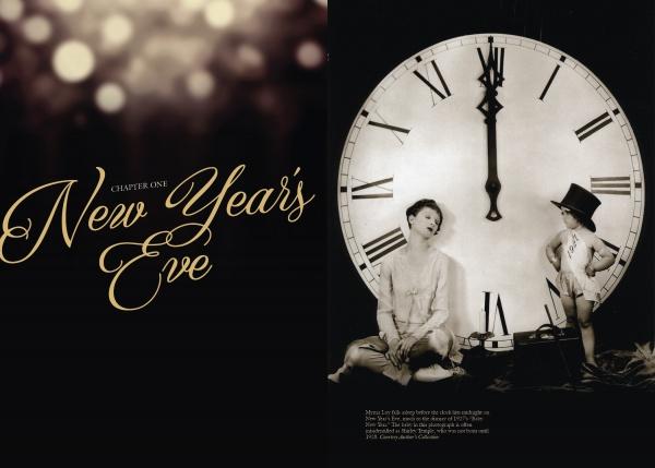 Left: Blurred lights with gold script reading “Chapter One: New Year’s Eve.” Right: A woman and child in a top hat pose by a midnight clock, evoking classic holiday glamour in "Hollywood Celebrates the Holidays" by Schiffer Publishing, Ltd.
