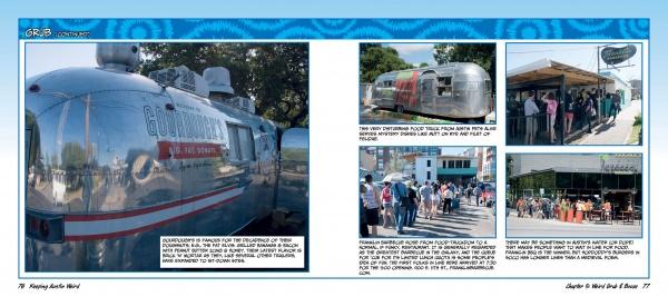 A collage of photos from "Keeping Austin Weird" by Schiffer Publishing, Ltd. features shiny silver Airstream food trucks, people lined up, and groups dining in a vibrant city scene that embodies the unique spirit of Austin.