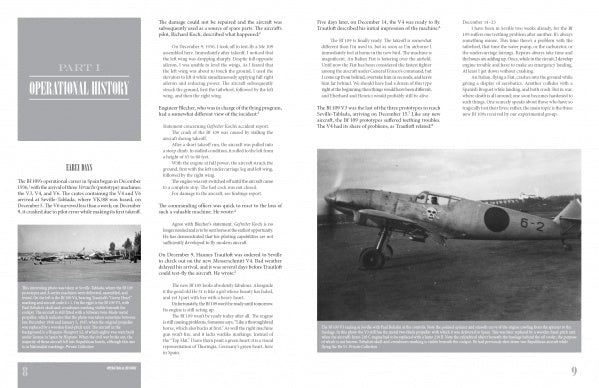 A spread from "German Eagles in Spanish Skies" by Schiffer Publishing, Ltd. shows a WWII-era 6-2 Legion Condor fighter on grass (right) and a damaged Bf 109 on the ground (left), with text on operational history.