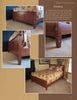 Four photos show the Schiffer Publishing, Ltd. "Building a Panel Bedroom Suite" bed, featuring close-ups of the footboard and legs and a room view of the full bed. Text explains the furniture construction and finishing process.