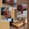 Four photos show the Schiffer Publishing, Ltd. "Building a Panel Bedroom Suite" bed, featuring close-ups of the footboard and legs and a room view of the full bed. Text explains the furniture construction and finishing process.