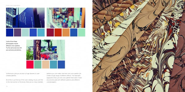 A magazine spread featuring urban photo-inspired color palettes on the left and a detailed brown, cream, and gold marbling pattern from "Marbling" by Schiffer Publishing, Ltd. on the right.
