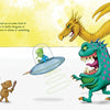 Three small animals—capybara, coatimundi, and friend—wield swords to confront a green alien in a spaceship, a pink-spotted monster, and a yellow dragon. "Untitled" by Schiffer Publishing, Ltd., features a white background beneath a yellow sky.