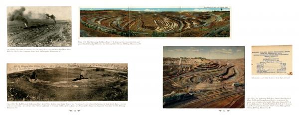 A collage of five images from "Mine to Mill" by Schiffer Publishing, Ltd. depicts historical and modern views of an open-pit iron ore mine, with black-and-white photos, panoramas, and vintage postcards or documents.