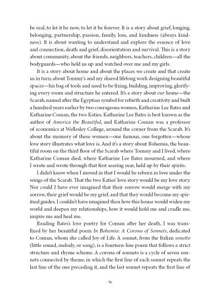 A page from "In Bohemia" by Schiffer Publishing, Ltd. explores Comana’s story, themes of love, longing, and community, referencing figures like Katharine Scats and Katharine Coman, as well as poetry and literature.