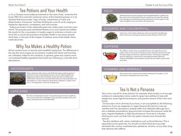 Two pages from What's Your Potion? by Schiffer Publishing, Ltd. explore tea’s health benefits—antioxidants, catechins, EGCG, vitamins, minerals—with glass-cup images, highlighting tea as a spirit-lifting beverage for mindful enjoyment.