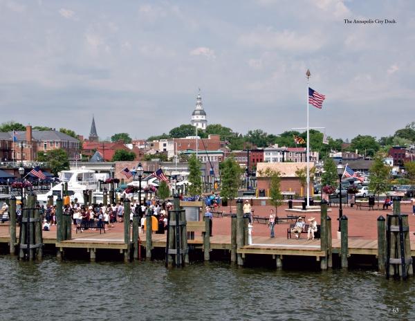 Annapolis Reflections" by Schiffer Publishing, Ltd. captures a waterfront scene at Annapolis City Dock, with people on the brick promenade, boats, an American flag, historic buildings, and the Maryland State House dome in the background.