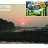 A sunrise over Chincoteague Island’s marshland, silhouetted trees, and still water. Inset: a vintage-style “Welcome to Chincoteague Island” sign. Product: Chincoteague Island by Schiffer Publishing, Ltd.